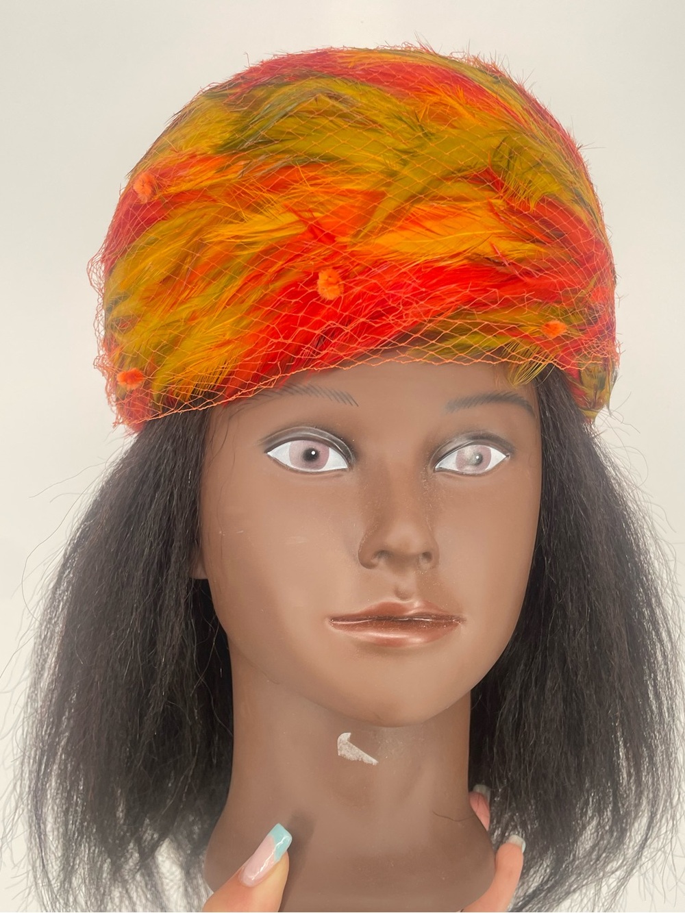 60s Mid Century Red Orange Feathered Pillbox Hat w Netting Union Made Wool Base - Picture 3 of 13